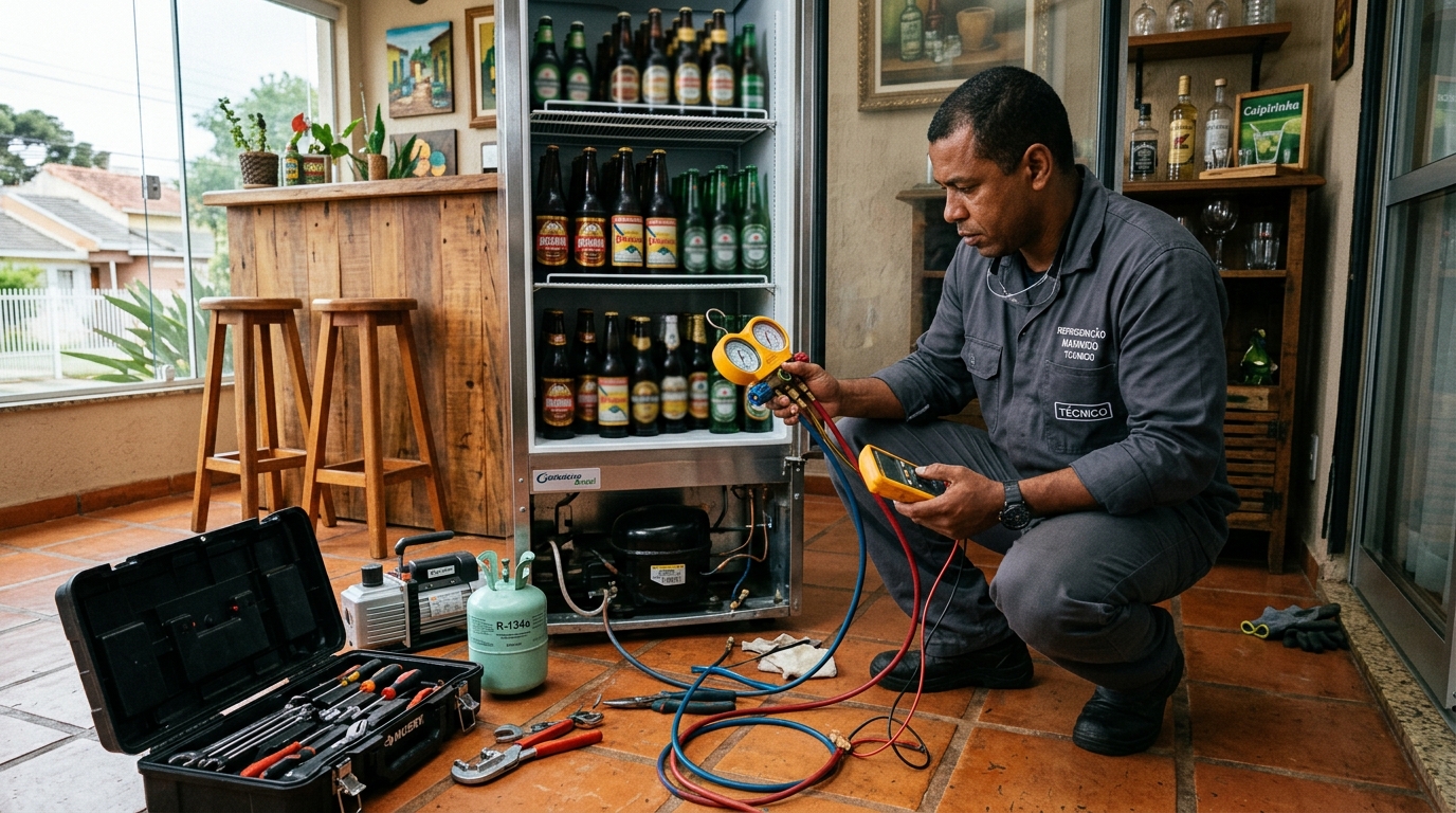 Técnico revisando o motor de uma cervejeira durante chamado em Itajaí‑SC