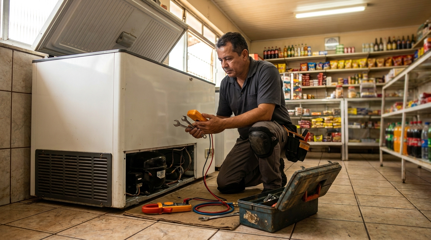 Técnico avaliando um freezer vertical durante atendimento em Itajaí‑SC
