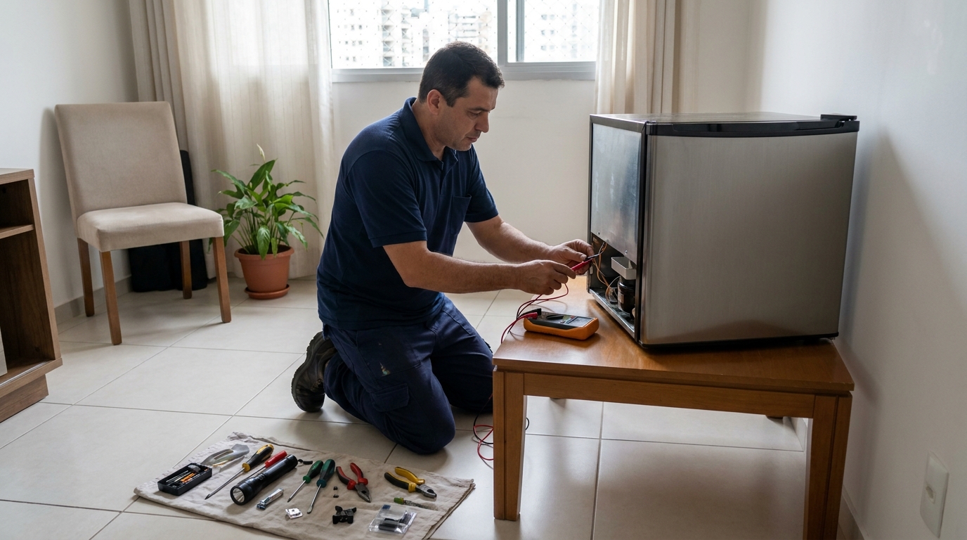 Técnico avaliando um frigobar compacto durante atendimento em Itajaí‑SC